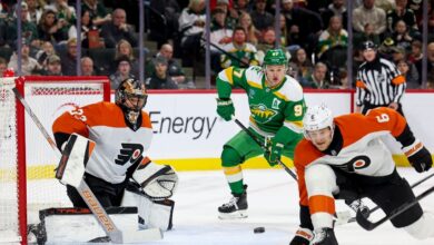 Wild’s Kirill Kaprizov scores off Flyers’ goalie helmet, banking shot into net