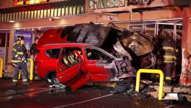 2 injured after driver hits 2 cars, Chinese restaurant in Farmingdale, igniting fire