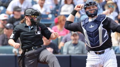 Female umpire and former Hofstra softball star Jen Pawol works Yankees game behind the plate